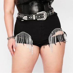 Plus Size Black Denim Rhinestone Fringe Shorts Dollskill